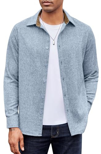 COOFANDY Chemise Homme à Manches Longues en Flanelle de Coton et Velours Côtelé Coupe Classique Décontractée Gris-Bleu L