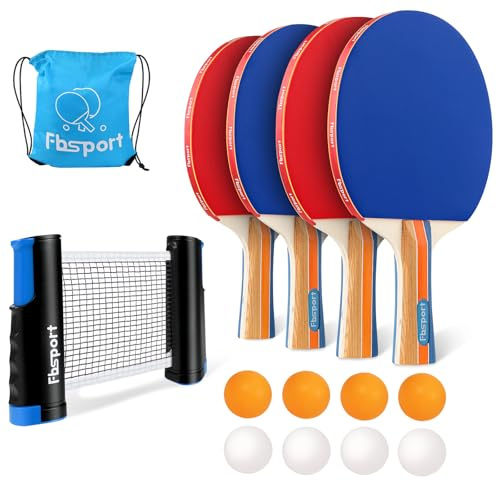 Set da Ping Pong da Tavolo con 4 Racchette, Retrattile Rete, 8 Palline e 1 Borsa per il Trasporto, per Bambini all'aperto e Adulti