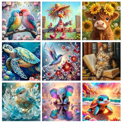 GJSZZO Diamond Painting Kits for Adults, Animal Diamond Art Kits for Beginners, 5D DIY Full Drill Turtles Cow Elephant Hummingbird Cat Gemstone Kits for Home Wall Decor Gifts