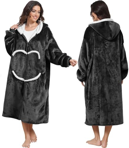 FEELJAM Oversized Wearable Blanket with Sleeves and Hood, Adult Hoodie Blankets with Zip and Pockets (Black-#a, 120)