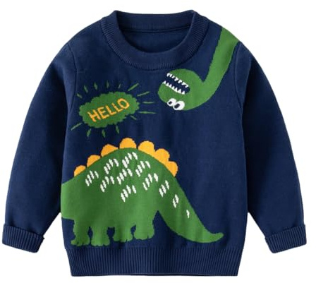 LUVCES Suéter de Punto para Niño Pequeño Lindo Jersey de Cuello Redondo Blusa de Manga Larga con Estampado Animal Sudadera Cálida para Niños Dinosaurio Azul Marino 18-24 Meses