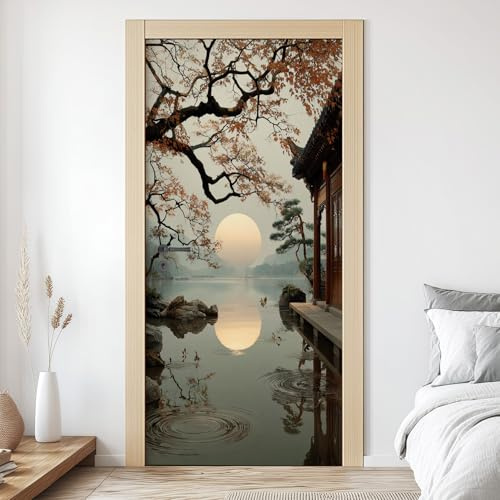 Seeblick Türtapete 3D Selbstklebend, Pavillon Bäum Fototapete, Vinyl Folie Wasserfest Asiatische Landschaft Wandtattoo für Schlafzimmer Wohnzimmertür Küche Badezimmer 85x215 cm N6a272