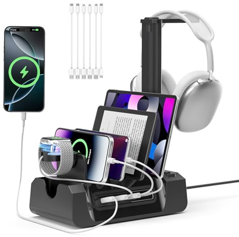 KDD Ladestation Mehrere Geräte mit 6 Port, Handy Ladestation Mehrfach mit Uhr & Headset Halterung, 2 AC&USB A&USB C, Schnellladung USB Ladestation mit Kopfhörerständer für Telefones Tablet Apple Watch