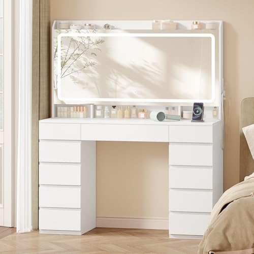 Hzuaneri Dressing Table, Vanity Desk with Power Strip, Vanity Table with Mirror and Lights, Adjustable Brightness, Makeup Desk with 11 Drawers, 3 Storage Compartments for Bedroom White DT43003XUK
