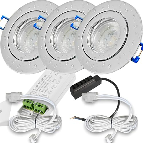 Lichtfaktor24 LED Einbauspots 12V Set IP44 Feuchtraum geeignet – 3er Set in Chrom, Ø 60–68 mm – 3W 250lm 3000K Warmweiß – inkl. Trafo & AMP-Verteiler mit 3× 120 cm AMP-Kabel – Badezimmer/Küche/Decke
