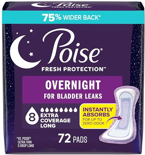 Poise Overnight Incontinence & Postpartum Pads for Bladder Leaks, 8 Drop Extra Coverage, 72 Count (2 Packs of 36), Packaging May Vary