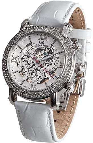 Carl von Zeyten Kniebis Automatik Damen Armbanduhr aus Edelstahl und Leder in der Farbe Silber-Weiß mit Schmucksteinen 40mm, Wasserdichtigkeit: 5Bar, CVZ0062WH