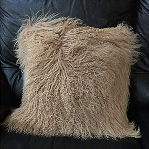 Seek4comfortable Mongolian Lamb Fur Throw Pillow Cover Real Fur Decorative Cushion Cover Pillow Case Home Decorative Square Throw Pillow Cover Plain Wool Pillow Protector, Khaki (18x18)