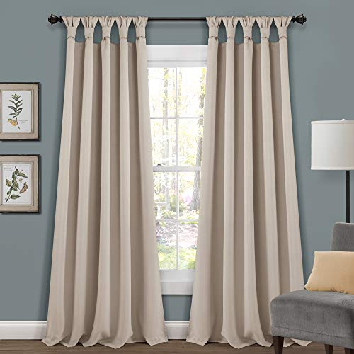 Lush Decor Insulated Knotted Tab Top Room Darkening Window Curtain Panels Pair 52W x 84L Wheat - Long Living Room Curtains - Beige Bedroom Curtains