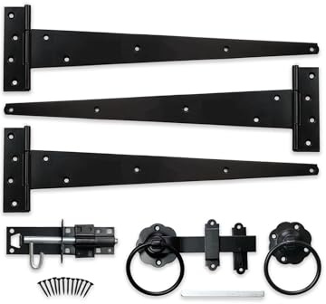 Infinity Decor Epoxy Black 18 (450mm) Tee Hinges (3) with Plain Ring Gate Latch and Brenton Bolt Pack – Wooden Garden Gate Fitting Kit for Barn, Shed Doors