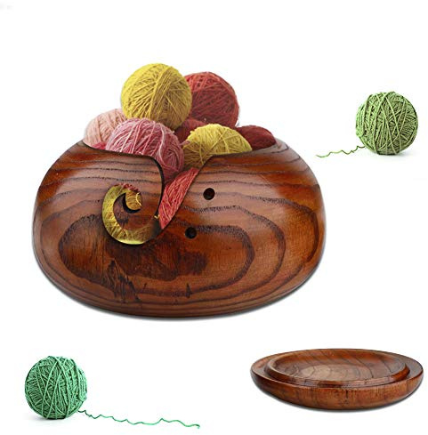 RoseFlower Garnschale aus Holz, Multifunktionale Portable Handgefertigte Garn-Aufbewahrungsschüssel mit Abnehmbarem Deckel und Geschnitzten Löchern für Stricken Häkeln Für Heim- Und Nähfans-16 * 7CM