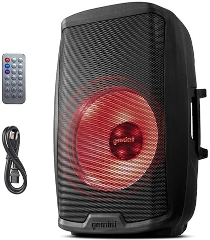 Gemini Sound AS-2115Bt-Lt – Enceinte de sonorisation active DJ Bluetooth de 2000W avec woofer 15”, Eclairage festif à LED, Sd, USB, Entrée/sortie XLR§, 2x 6,3mm Microphone/RCA et entrées AUX, Tws