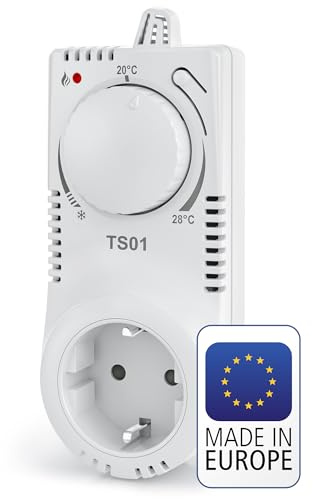 ELEKTROBOCK TS01 Steckerthermostat | Einfache Bedienung mit automatischer Nachtabsenkung | EIN Knopfdruck zum Aktivieren | für elektrische Heizungen: Infrarotheizung, Heizlüfter und Badheizkörper