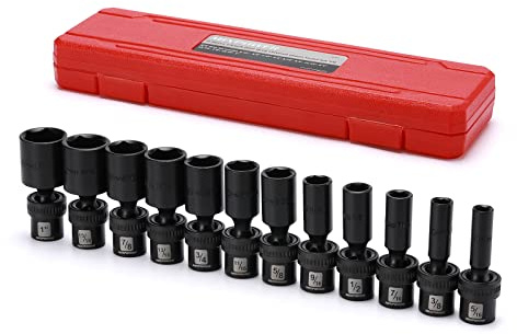 MIXPOWER 3/8 Drive Deep Impact Universal Joint Swivel Socket Set, SAE, 5/16 - 1, Deep, Flexible Wobble, Chrome Molybdenum Steel, 12 Pieces Set