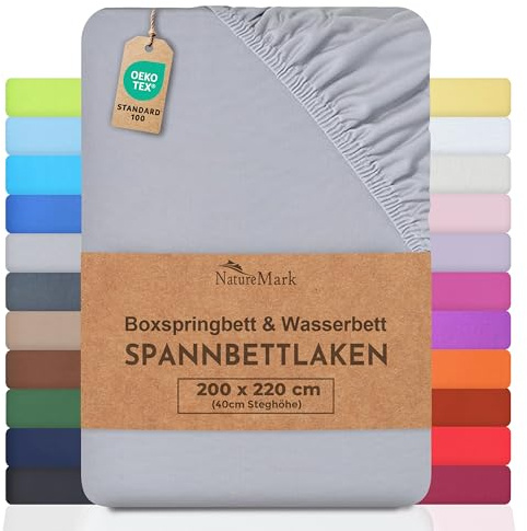 NatureMark Basic Boxspringbett & Wasserbett Spannbettlaken 200 x 220 cm - 40 cm Steghöhe - 200x220cm Spannbetttuch - 100% Baumwolle, Silber/Hellgrau