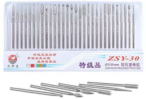Mesee 30 Pieces Diamond Coated Burrs Set, 2.35mm Shank Grinding Bit Rotary File Diamond Burr Rotary Grinder Tool Accessories Kit for Grinding Polishing Carving Stone Jewelry Ceramics