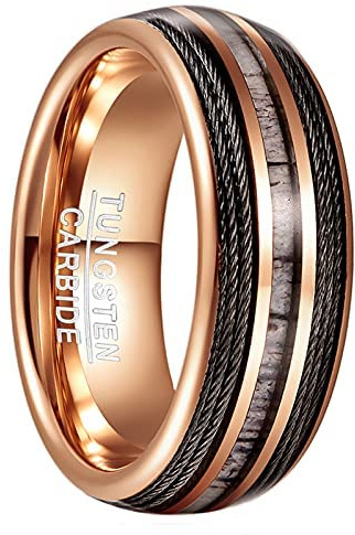 SFERT Anillos de tungsteno para hombre de oro rosa de 8 mm con ópalo y cuerda de guitarra/incrustaciones de cable para compromiso, boda, aniversario, amistad, tamaño 7-12, 10, Tungsteno, Sin piedras