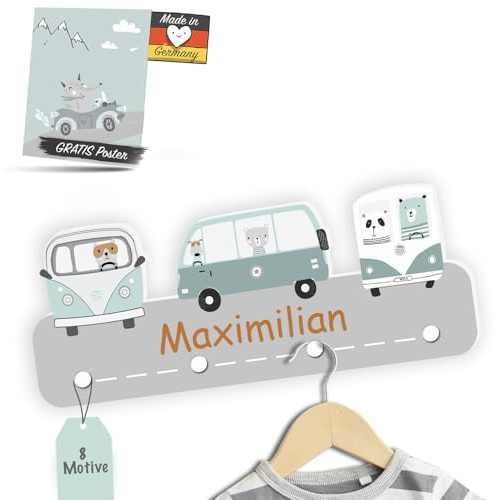 Kindsblick Garderobe mit Wunschname inkl. DIN A4 Poster - Personalisierte Kindergarderobe mit 4 Kleiderhaken für Kinder (Wild Cars - Mintgrün)