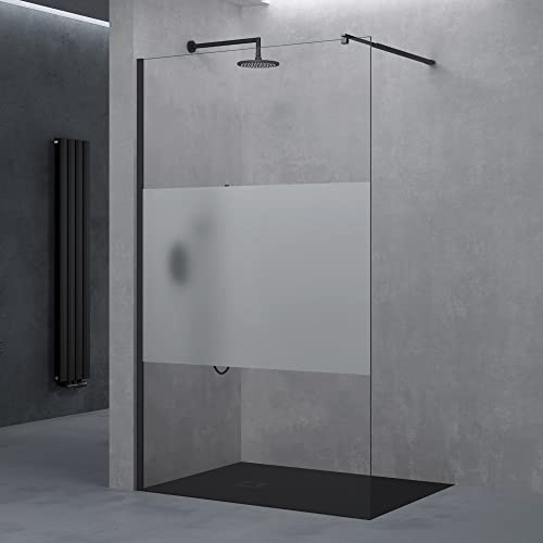 doporro Walk in Box Doccia 130x200 cm, Parete Doccia Fissa in Vetro Temperato 8 mm Anti Frantumi con Fascia Satinata, Barra Stabilizzatrice e Profilo Nero Opaco - Bremen01k
