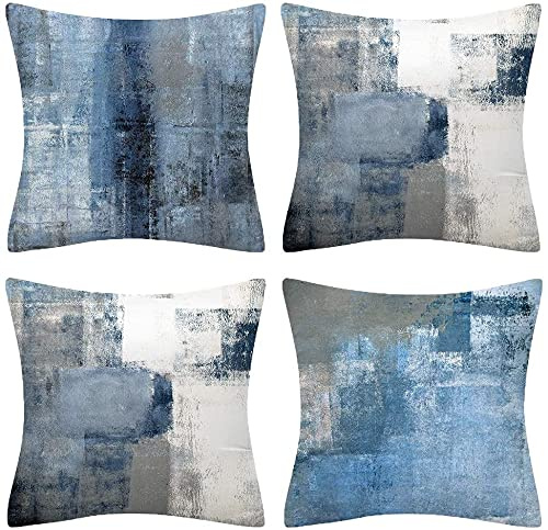 QUALKNOY Set of 4 Velvet Cushion Covers 40x40 cm Blue Grey Modern Abstract Art Decorative Throw Pillow Cases 16x16 inches for Living Room Sofa and Outdoor Decor