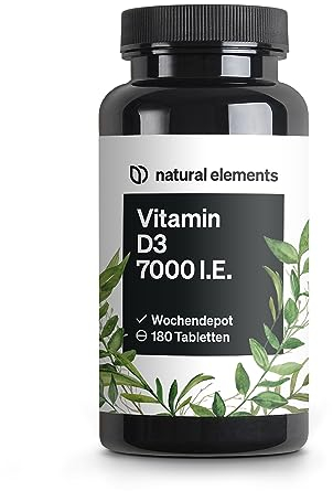 natural elements Vitamin D3 7000 I.E. – 180 Tabletten – das Sonnenvitamin als Wochendepot – hochdosiert, ohne unnötige Zusätze – in Deutschland produziert & laborgeprüft