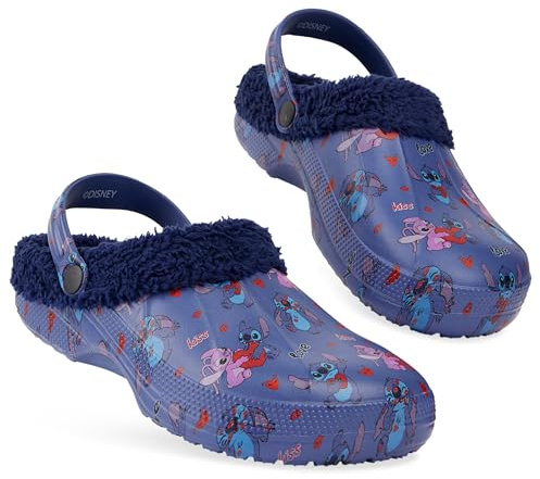 Disney Stitch Clogs for Women Fleece Lining Slip On Garden Shoes Heel Strap Options with Charms Indoor Outdoor Stitch Gifts (Navy Stitch, 4/5 UK)