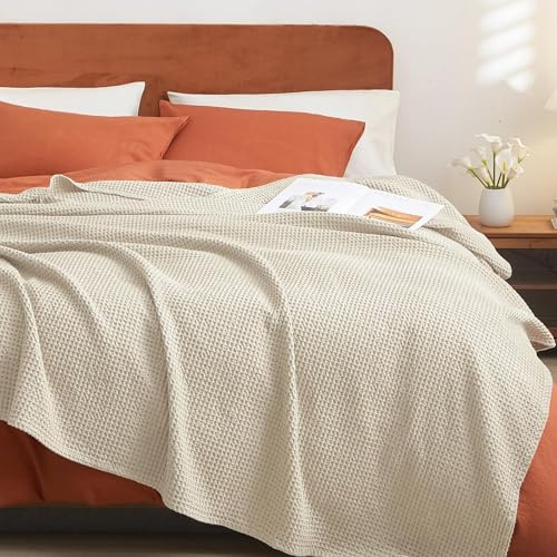 PHF 100% Cotton Waffle Weave Blanket King Size for Bed,Snag Proof Lightweight Breathable Moisture-Wicking Throw for Couch,Great for Layering in Cold, Machine Washable,Home Decor Gift-Linen/Stone