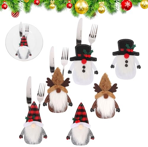 Minicoco Christmas Cutlery Holders,6Pcs Xmas Silverware Holders Pockets,Lovely Christmas Cutlery Bags Xmas Santa Suits Spoons Knives and Forks Bags for Christmas Dinner Table Deco (Long Hat Style)