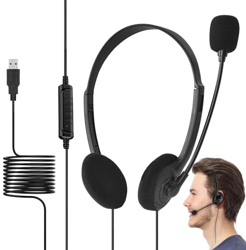 Auriculares de diadema con micrófono, auriculares sobre la oreja, auriculares USB estables y con cable con control de volumen ajustable para PC, hogar, juego