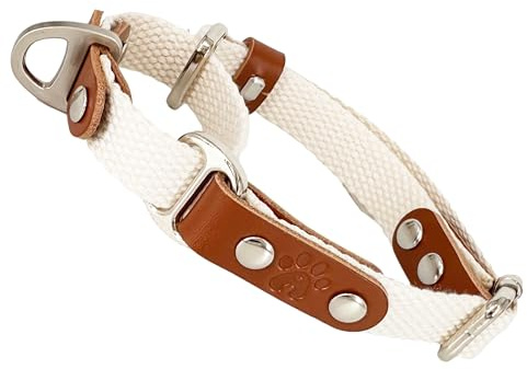 Martingale-Zugstopp-Halsband für Hunde. Beige & Cognac, XS. | Handgefertigt in Spanien; weiches Baumwoll-Polyesterband, spanische Lederdetails und begrenzter Zugweg gegen Herausschlüpfen.