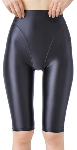 Fldy Damen Glänzende Kurze Leggings Stretch Metallic Glossy Sport Tights Yoga Workout Gym Shorts Tanz Yoga Pilates Kurze Hose High Waist Schwarz M