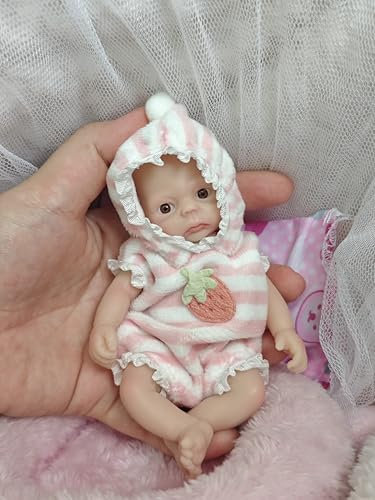 MYREBABY 5.5 Miniature Reborn Baby Doll Silicone Full Body Realistic Newborn Dolls Lifelike Brown Eyes Open Baby Girl Looks Real Doll with Pink Clothes Accessories Set