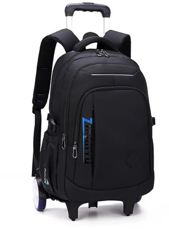 Schulranzen mit Rollen, Rucksack mit Trolleyfunktion für Kinder, Kinderrucksack mit Trolley, Rucksack Schule mit Rollen Teenager Schultasche für Schule und Reise, Blau Schwarz-Stil 3