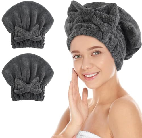 SUNLAND Large Microfiber Hair Drying Caps with Bow knot Fast Drying Shower Cap Soft and Absorbent hairWrap Hair Turban Bath Caps for Curly Thick and wet Hair 11 X 13.4 inch 2 Pack Dgrey