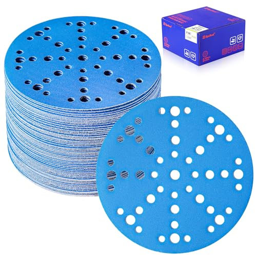 SpeTool 6 Inch Sanding Discs, 49 Hole Hook and Loop Sandpaper 60 Pack Compatible for Random Orbital Sander, Stearate Anti-Clog Coating with 400 Grit Ceramic Aluminum Oxide Abrasives for Sanding Chore