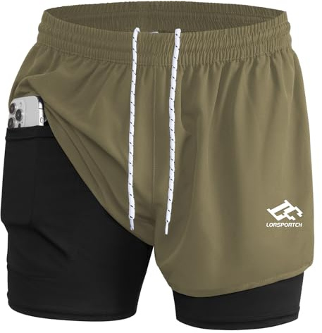 LORSPORTCH Men's 2 in 1 Running Shorts Men's Fitness Shorts Outdoor Marathon Training Shorts with Built-in Pockets Green L