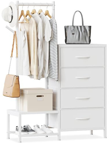 ODK 3 in 1 Chest of Drawers Bedroom, Including 4 Fabric Drawers, with a Sturdy Clothes Rail and 2 Coat Hooks, Double-layer Shoe Rack Design at the Bottom, Suitable for Bedroom and Entryway, White