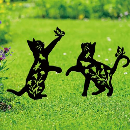SUPERDANT 2Pcs Decoration Jardin Exterieur en Métal pour Chat Jouant avec des Chats Silhouette Noire Décoration Extérieure Deco Jardin en Murale en Cadeau
