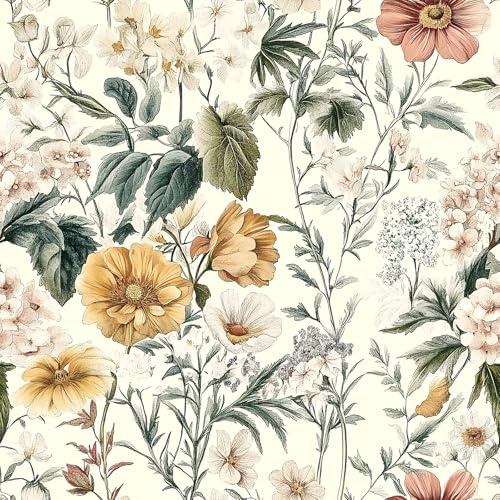 Livebor Vintage Floral Peel and Stick Wallpaper Floral Contact Paper 16.9x118.1 Boho Neutral Wallpaper Peel and Stick Self Adhesive Wall Paper for Cabinets Bathroom Covering Wall Decorative Vinyl