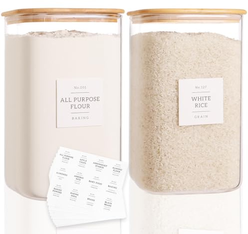 CZZGSM 2 Pack Square Glass Flour and Sugar Containers with 132 Kitchen Pantry Labels - Thicken 149 FL OZ Large Glass Storage Jars with Airtight Bamboo Lid - Big Food Canisters for Rice, Pasta, Cookie