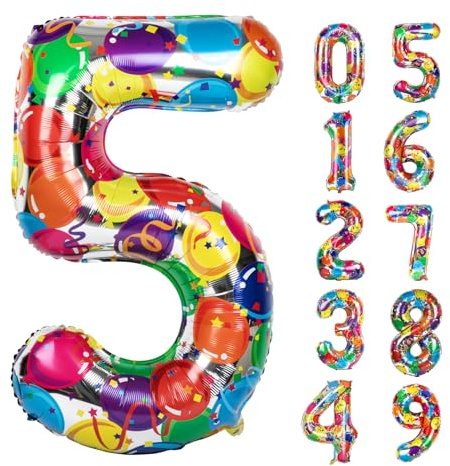 Balloon Numbers 40 Inch Foil 5 Ballon for 5th Birthday Decorations, 15 25 35 50 Mylar Big Colourful Number Balloons for Wedding Anniversary Party Decor