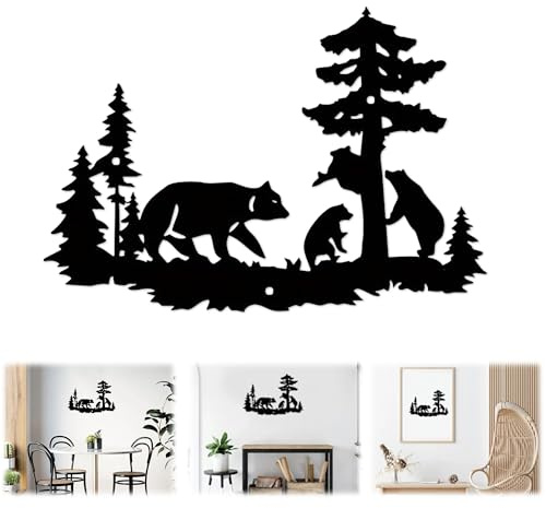 Decorazioni Parete Quadri in Metallo Decorazioni Metallo Parete, Silhouette in Stile Foresta di un Orso e Alberi Ferro Nero Art Deco Appeso Adatto per la Decorazione Della Parete Dimensione 32*22CM