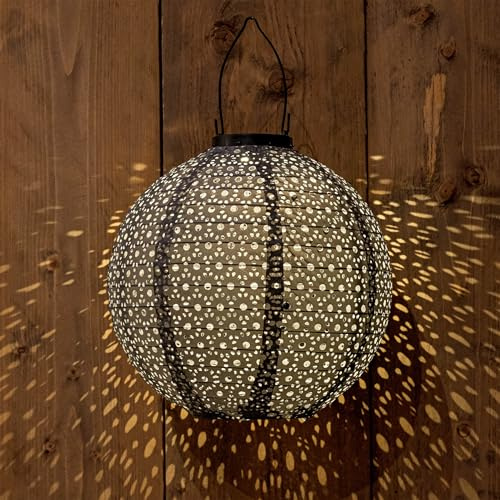 Lampion solaire à LED rond gris - 25 cm - Éclairage décoratif de jardin - Blanc chaud - Lampe solaire - Lanterne boule lumineuse décorative pour l'extérieur - Résistant aux intempéries