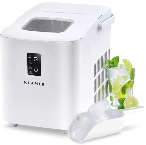 KLAMER Eiswürfelmaschine klein (2026), 8 Eiswürfel in 8 Minuten, 11 kg Eiswürfel pro Tag, 2 Eiswürfelgrößen, 1 L Wassertank, Geräuscharmer Eiswürfelbereiter mit Eisschaufel und Tragegriff