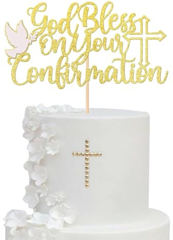 SYKYCTCY 1 Pack God Bless On You Confirmation Cake Topper with Cross Glitter First Holy Communion Cake Pick for Religious Christening Baptism Baby Shower Birthday Party Cake Decorations Supplies Gold