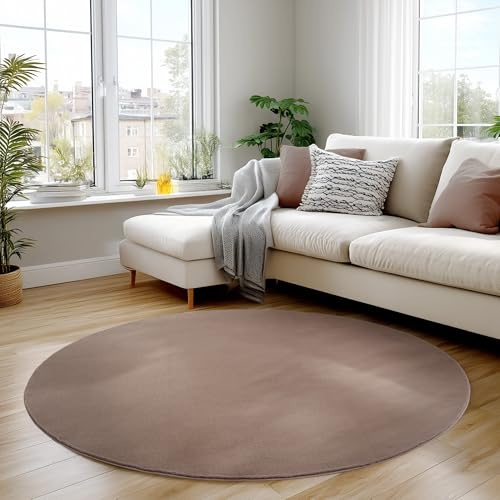 Carpettex Tapis Rond Brun 160 cm Lavable Tapis à Poils Courts, Rond, Doucement Antidérapant et Design Moderne Monochrome pour Chambre, Salon, Cuisine et Chambre d'enfant