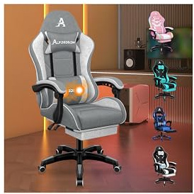ALFORDSON Kontorsstol, gamingstol, massage-spelstol, ergonomisk spelstol med fotstöd, nackstöd, massage-ländryggskudde, vadderad, snurrstol av linnetyg, grå