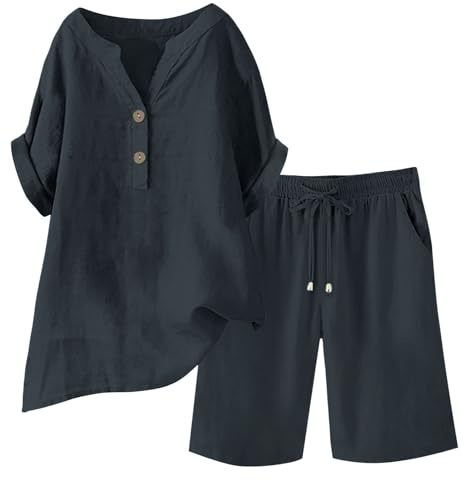 HAOLEI Tute Estive Donna Cerimonia Completo Donna 2 Pezzi in Lino e Cotone Set Camicia Allentato con Bottoni Pantaloncini Corti a Vita Alta Eslatica Estivi Casual Spiaggia Lavoro Vacanza