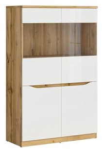 BLACK RED WHITE Vitrine Nuis 90 cm avec 4 portes en chêne Wootan/blanc brillant – Façades en verre modernes & éclairage optionnel – Extension élégante de l'espace de vie