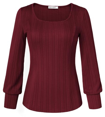 GRACE KARIN Women's Fall Jumpers Vintage Square Collar Puffed Sleeve Tunic Knitwear L Wine Red